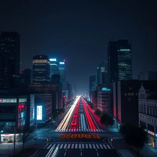 A breathtaking, ultra-wide cinematic shot of a futuristic metropolis at deep night. Glowing, interconnected light trails form dynamic ribbons of electric blue, deep magenta, and subtle amber. Towering, monolithic architectural structures show subtle internal light spills and reflective surfaces. The sky is dark and atmospheric, with hints of distant nebulae or stylized constellations. No visible human figures.